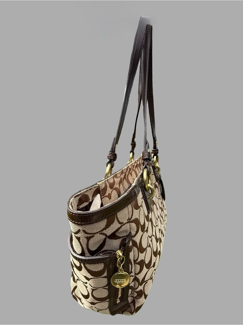 Authentic Vintage Coach Gallery Signature Zip Tote Bag - Khaki/Mahogany #F19249 - Picture 2 of 10